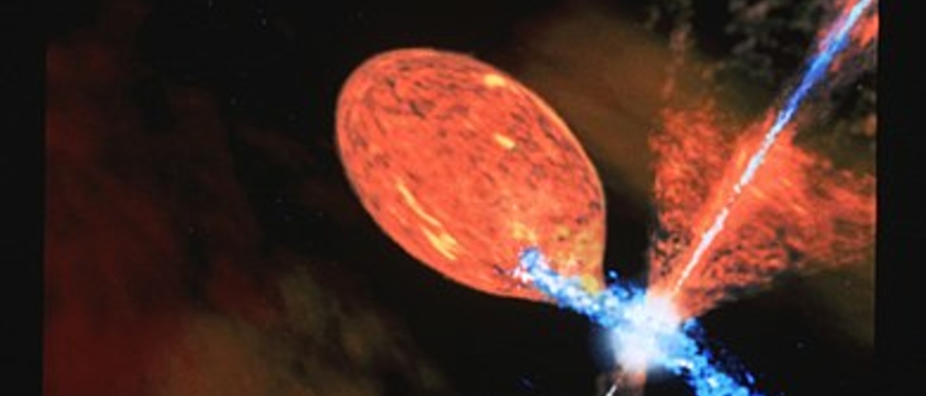 Artist's impression of R Aquarii, a symbiotic binary, during an active phase. 